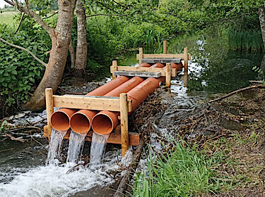 Über dem Biberdamm sind drei Rohre angebracht, durch die Wasser abfließt. Über dem Biberdamm sind drei Rohre angebracht, durch die Wasser abfließt.