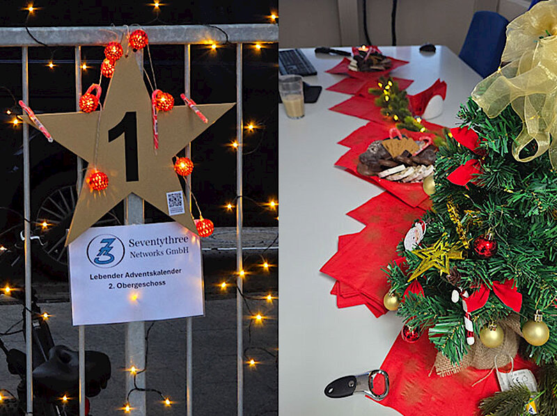 Bild links: Goldener Stern mit der Nummer eins am Eingangstor; Bild rechts: Adventlich geschmückter Konferenztisch