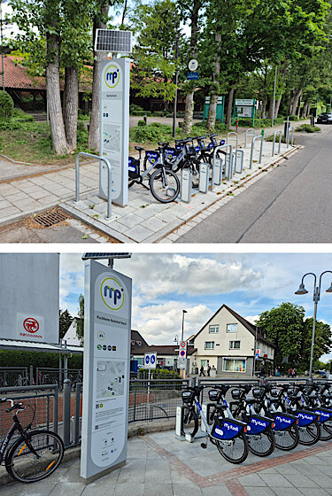 Zwei Fotos von Mobilitätsstationen mit Informationsstele und geparktern myRadl-Fahrrädern